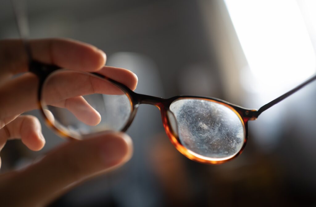 A pair of glasses covered with scratches that can be mended with some do-it-yourself tricks.