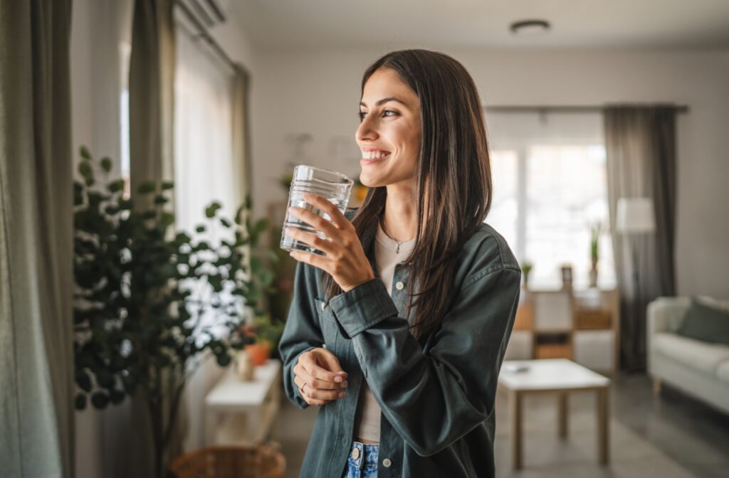 A person holding a glass of water and smiling while at home