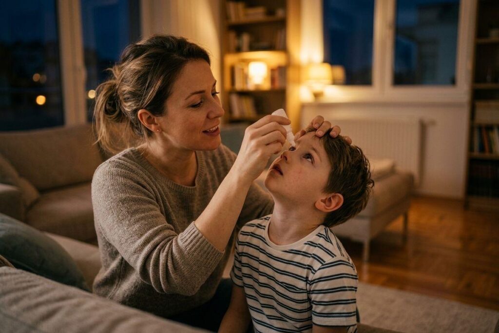 Adult applying eye drops to a child's eye in a dimly lit living room at night. The child looks up while the adult smiles gently.