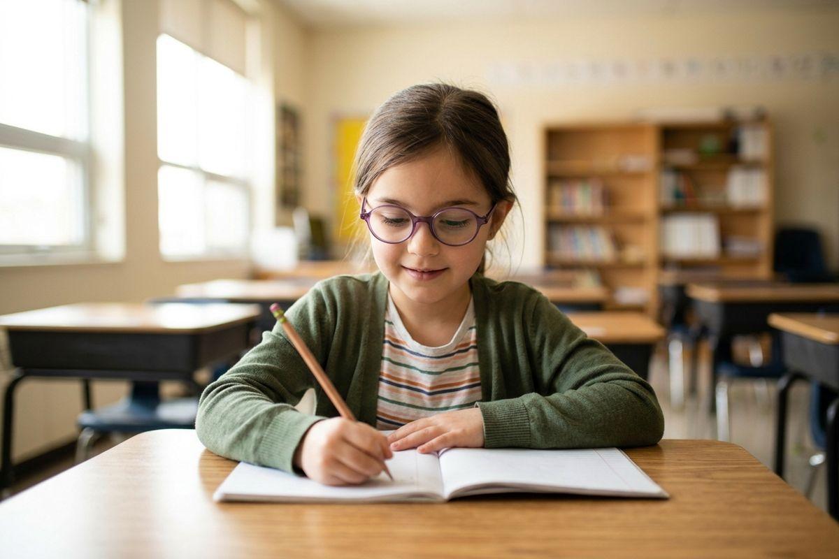 Child wearing purple glasses writing in a notebook at a classroom desk, smiling slightly, with empty desks and bookshelves behind them.