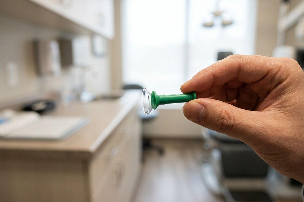 Hand holding a small optical lens with a green plastic handle in a clinical exam room.