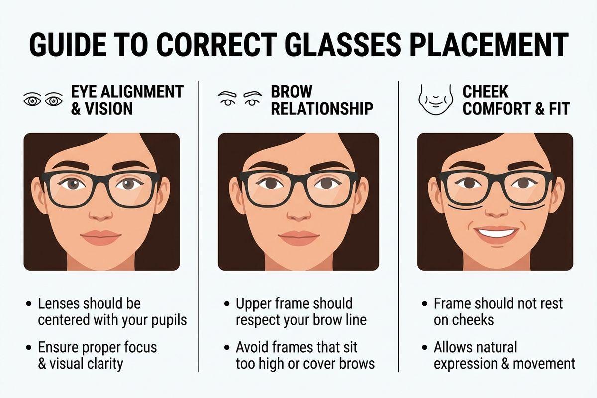 Illustrated guide to correct glasses placement showing three diagrams of a face with glasses, covering eye alignment, brow relationship, and cheek comfort fit.