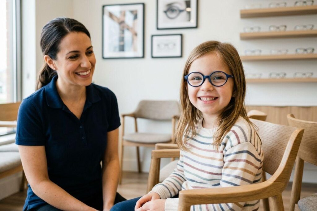 Smiling child wearing blue round glasses sits beside a smiling optometrist in an eyewear clinic with frames displayed on shelves.