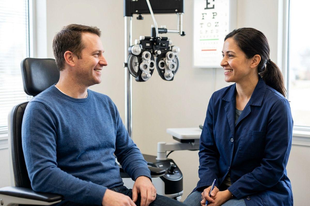 Smiling patient seated in exam chair talking with a smiling optometrist holding a pen, phoropter and eye chart visible behind them.