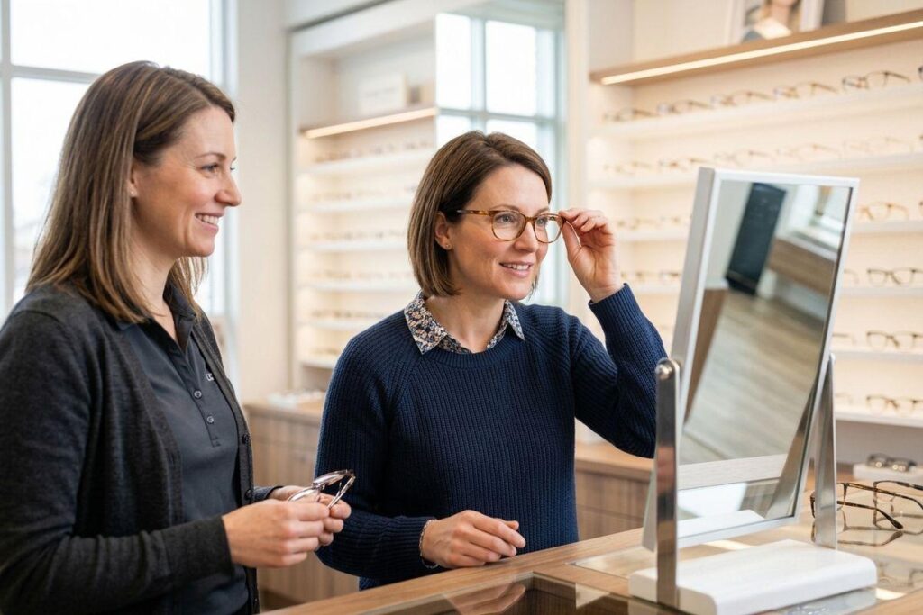 Two adults in an eyewear store; one tries on tortoiseshell glasses at a mirror while the other smiles and holds a spare frame.