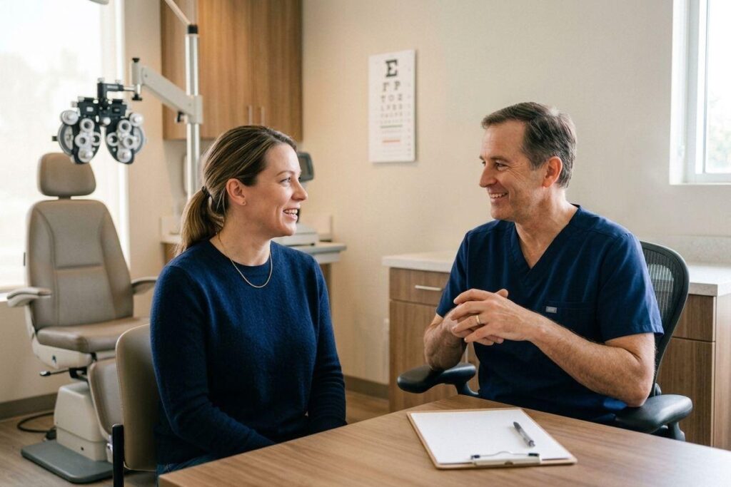 Two adults smiling during a consultation at a desk in an eye exam room with a phoropter and eye chart visible.